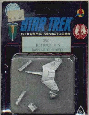 Jpeg picture of FASA's Klingon D-7 / Romulan Stormbird miniature in blister package.