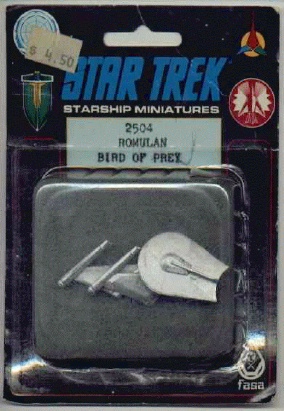 Jpeg picture of FASA's Romulan Bird of Prey miniature in blister package.