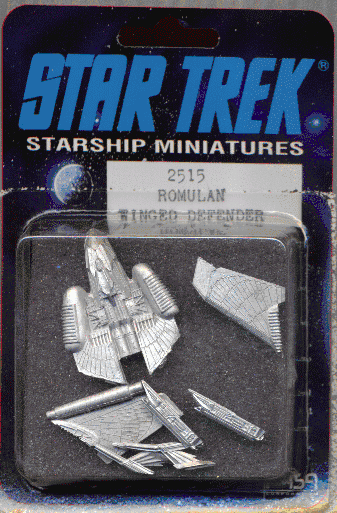 Jpeg picture of FASA's Romulan Winged Defender miniature in blister package.